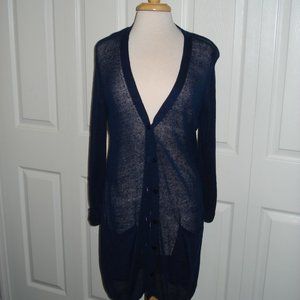 Long Lightweight Sweater Navy Mesh Weave Long Sleeves Pockets Large